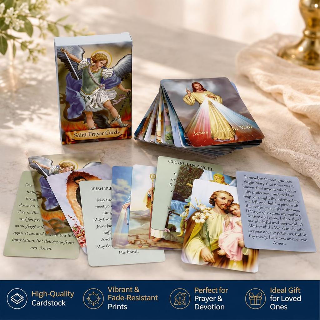 54 Catholic Prayer Card Set with Genuine Leather Holder Pocket Holy Card Organizer for Mass Daily Prayer & Religious Gifts