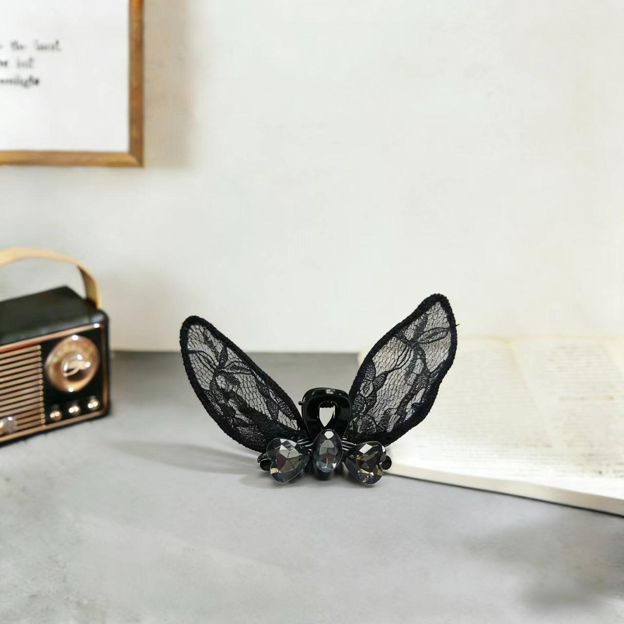 Elegant Black Lace Rhinestone Flower Bow Hair Clip - Small, Versatile, Korean Style