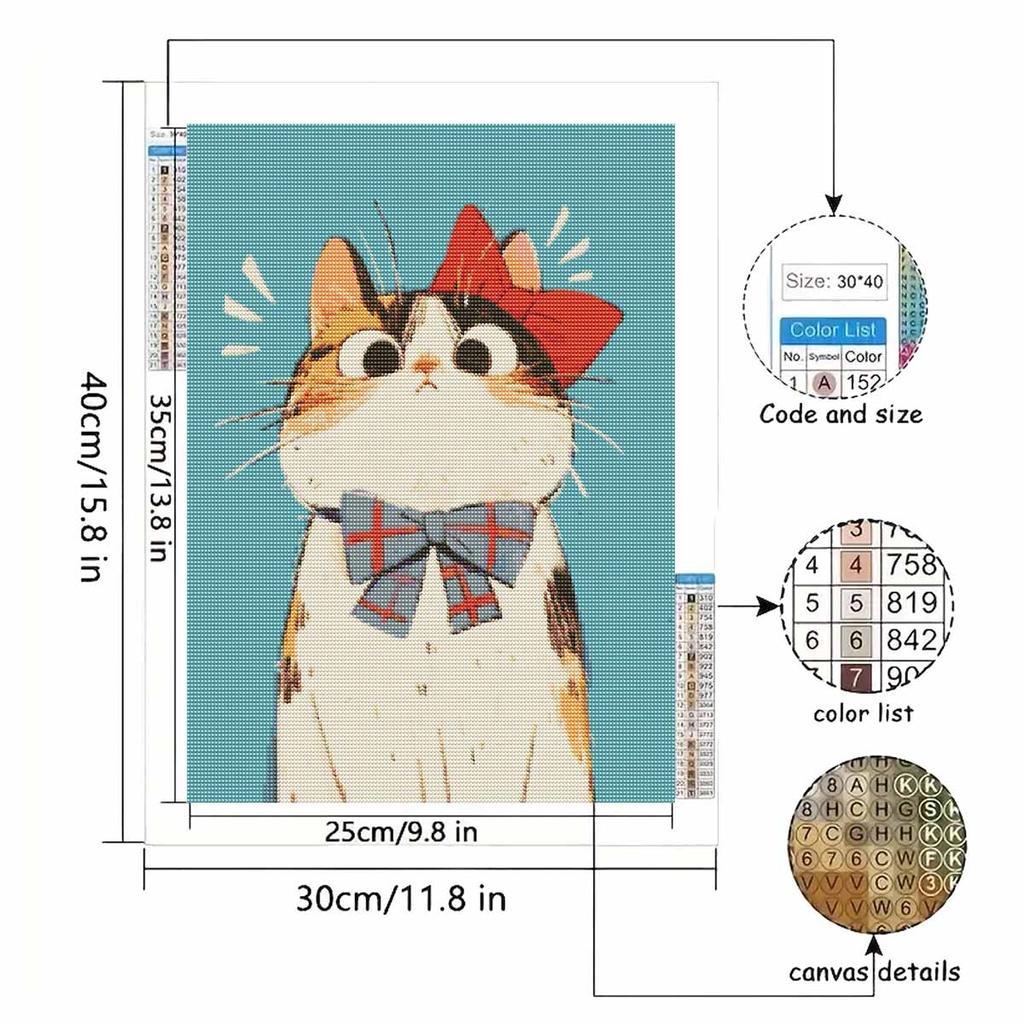 Diamond Painting Kit Full Diamond Round Mosaic Cute Calico Cat With Red Bow Blue Ribbon Home Decor Gift