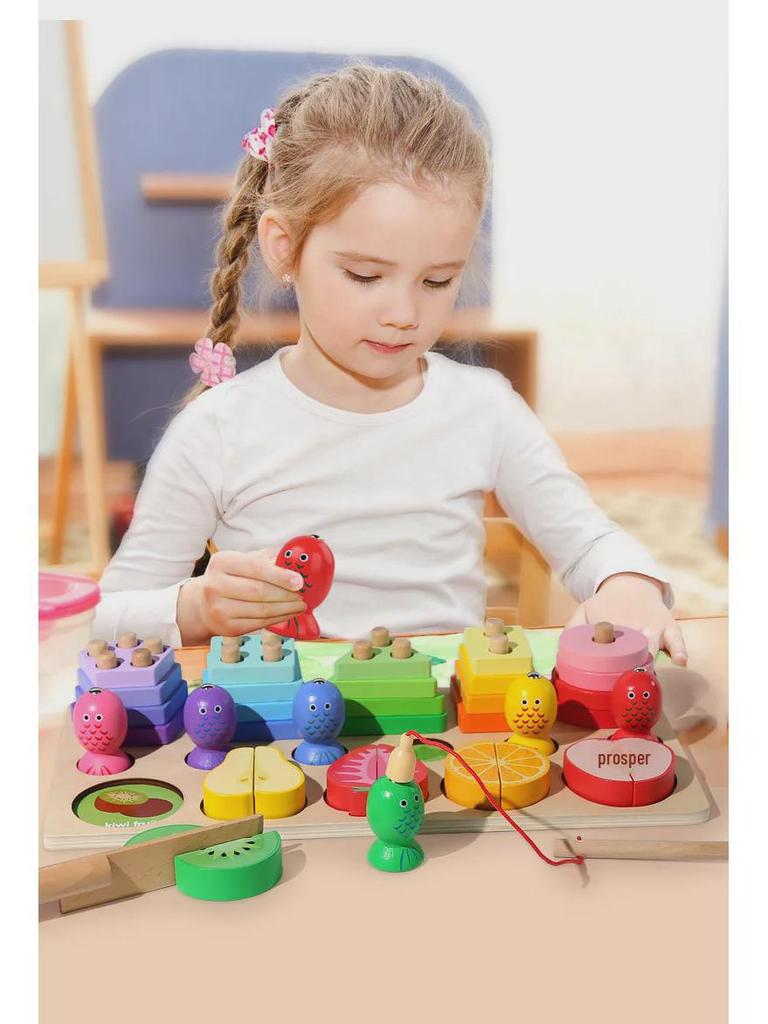 Children's Educational Toy Set: Shape, Color Matching, Building Blocks, Fishing Game, and Fruit Cutting.
