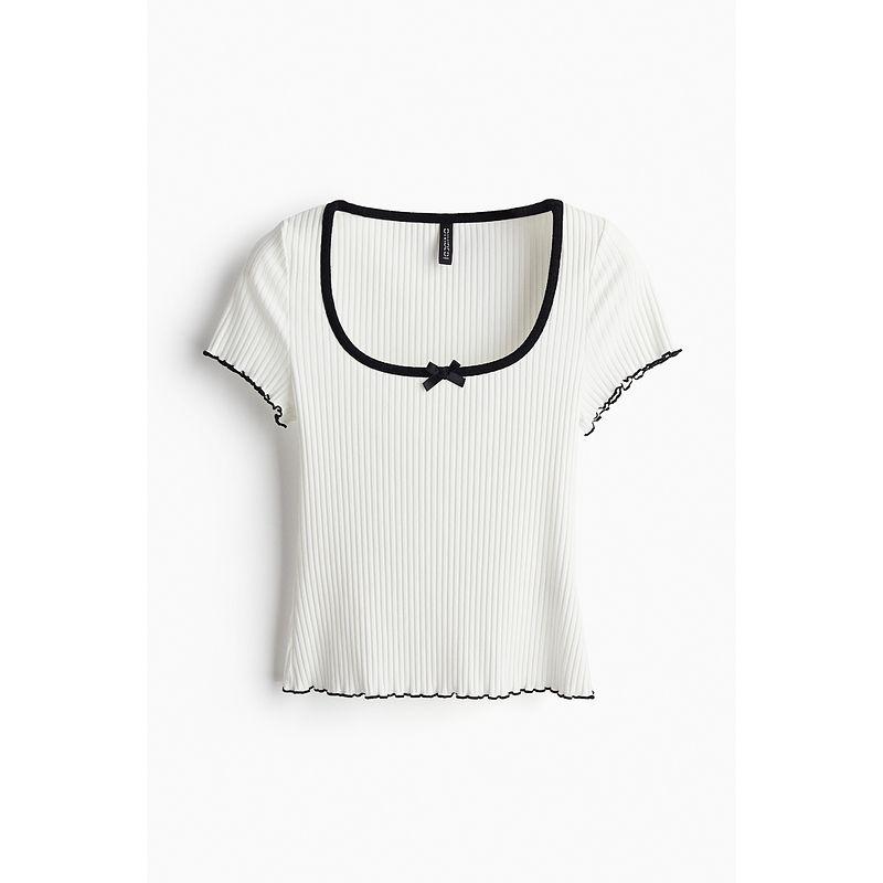 

HM Women s T-shirt Fall Slim Fit Rib Low round Neck Bows Decorative Short Sleeve Tops 1252034 White/Black 155/80