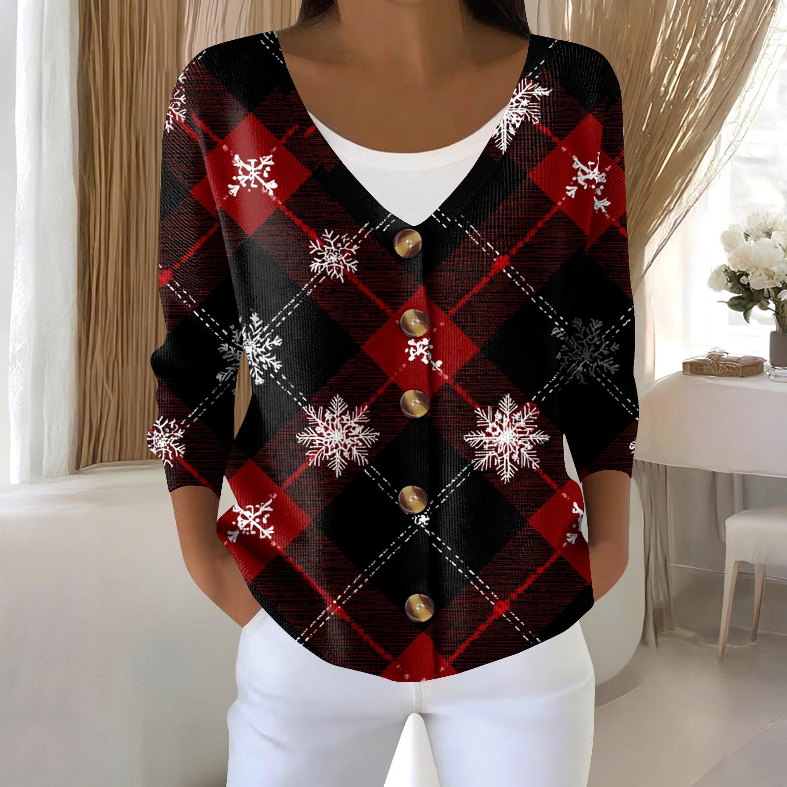 Women s Fashion Long Sleeve Christmas Snowman Snowflake Print Jacket Cardigan L чёрный
