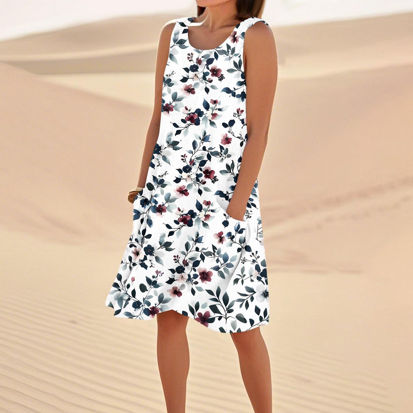 

Платья с принтом для женщин, свободные, пляжные, повседневные, без рукавов, сарафаны с карманами, платье-майка L