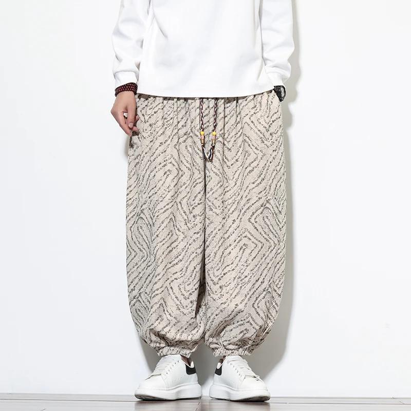 Autumn Winter Men Corduroy Harem Pants Men Loose Wide Leg Lantern Pants Chinese Print Casual Trousers Men