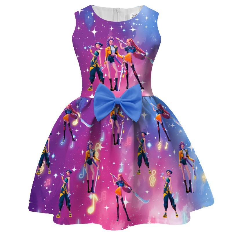 Girls Sleeveless Dress Witch Hunting Girls Group Full Print Galaxy Music Note Skirt with Big Bow Kids Princess Party Birthday Casual Sundress Little