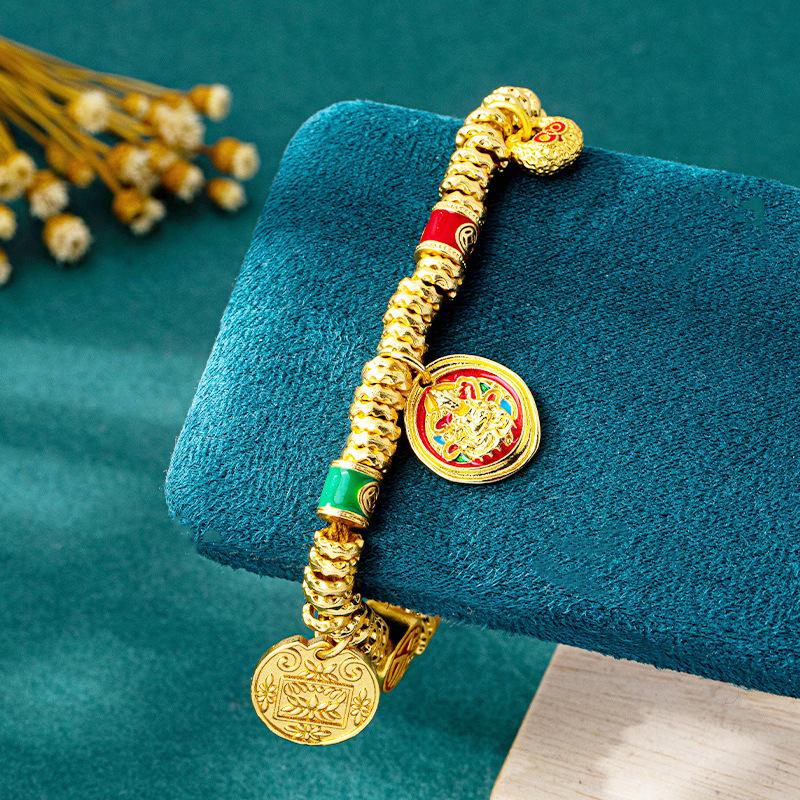 Vietnam Sa Gold Little Fortune God Wrap-Around Bracelet, Retro Imitation Gold Jewelry.