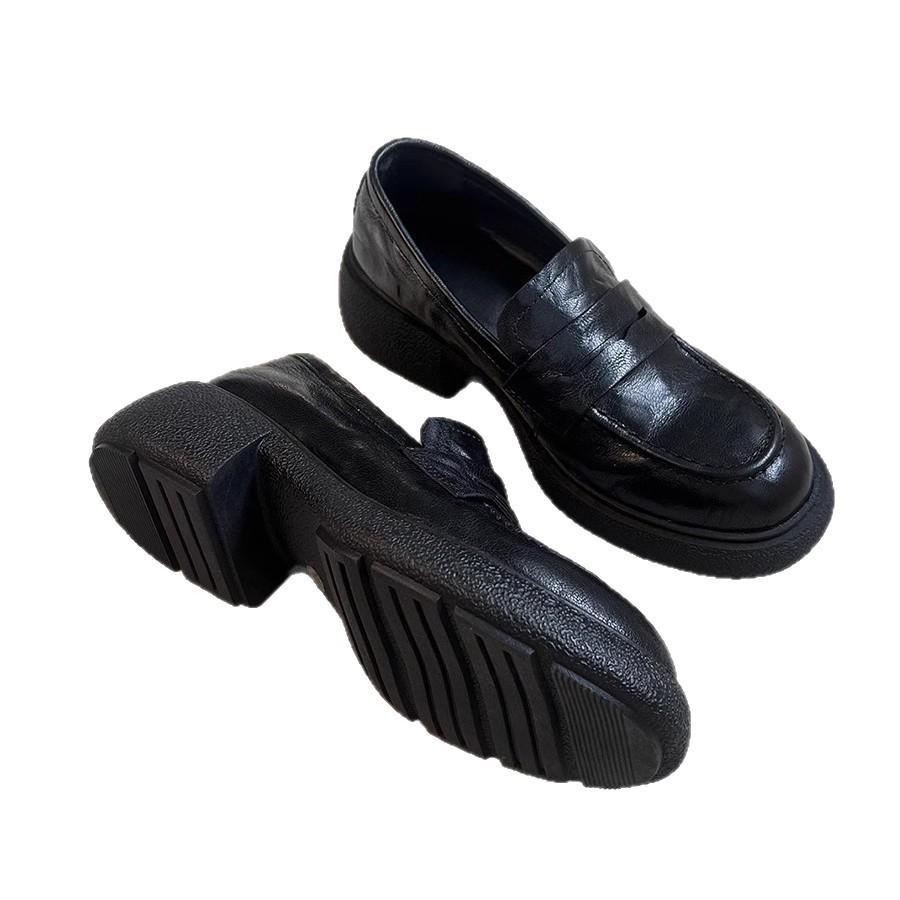 Sheepskin version~ genuine leather retro black platform heightening loafers women's versatile thick heel single shoes British style small leather shoe