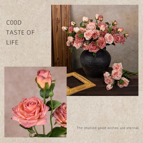 Artificial Flowers 3-Headed French Rose Realistic False Flowers Indoor Outdoor Decoration Wedding Garden Event Photography Props