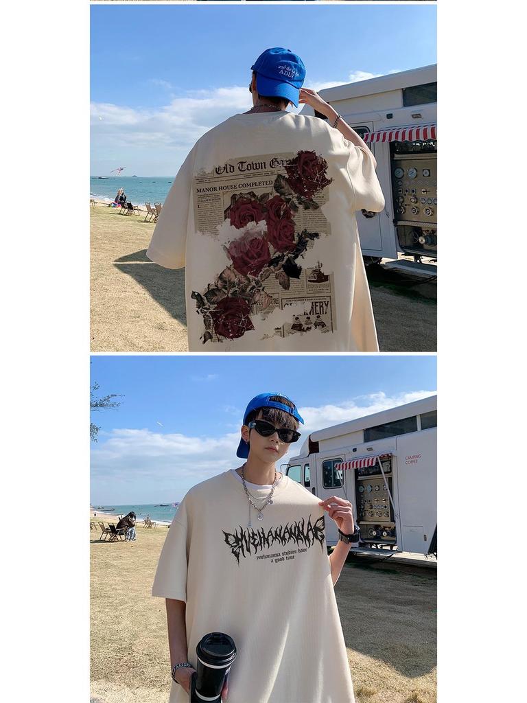 Herren Oversized T-Shirt mit Rosenprint im Retro-Stil – Neuer trendiger Sommerstil