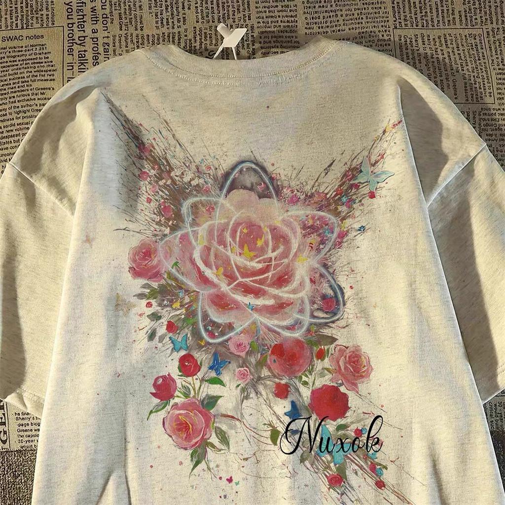AmericanStyle High Street Retro Rose Flower ShortSleeved TShirt For Unisex And Unisex New Summer Style Pure Cotton Top