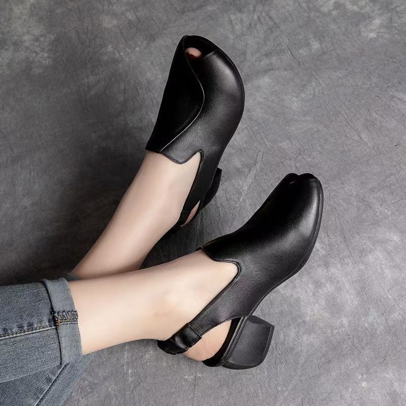 Damen Sommer Neue Leder Blockabsatz Peep Toe Sandalen Weiche Sohle Rutschfest Flach zum Hineinschlüpfen Retro Moderne Sandalen High Heel Sandalen