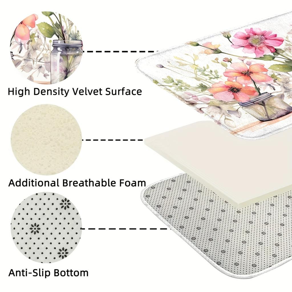 1 tapis de cuisine anti-fatigue à imprimé floral, imperméable, antidérapant, épais, rembourré, très résistant, confortable, pour la cuisine