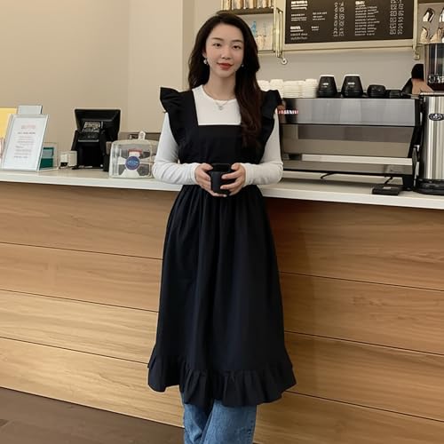 Gliitatu Stylish Women's Apron, Cute, Water-Repellent, Covers Your Bottom, Cafe Dress (Black)