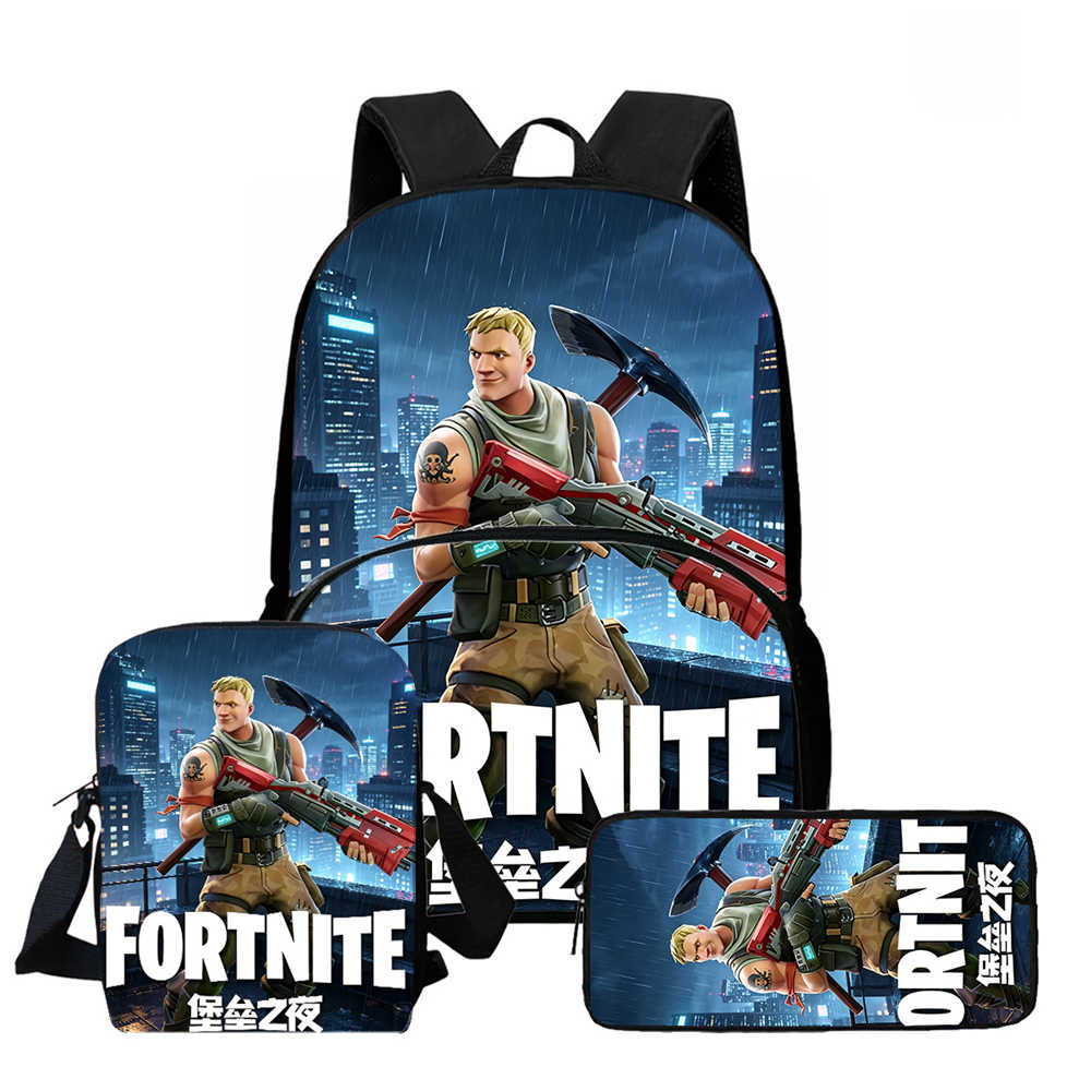 3Pcs Set School Backpack With Front Pocket & Crossbody Bag & Pencil Bag,Cartoon Fortnite For Age 6-10,Lightweight For Boys Girls