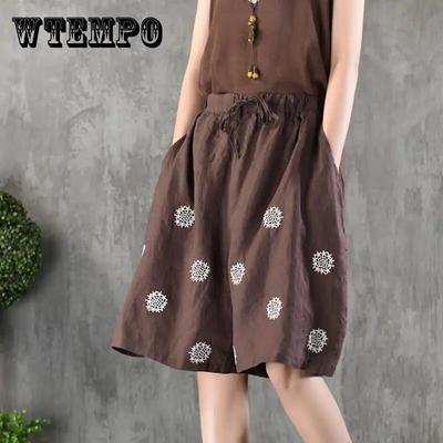 Vintage Embroidered Plus Size Five-quarter Pants All-match Women's Cotton and Linen Wide-leg Shorts