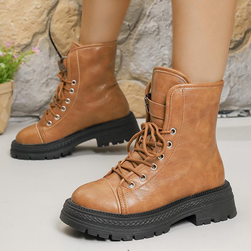 Brown Pu Leather Platform Ankle Boots Women Fashion Lace Up Short Plush Winter Boots Woman Plus Size 43 Non Slip Short Booties