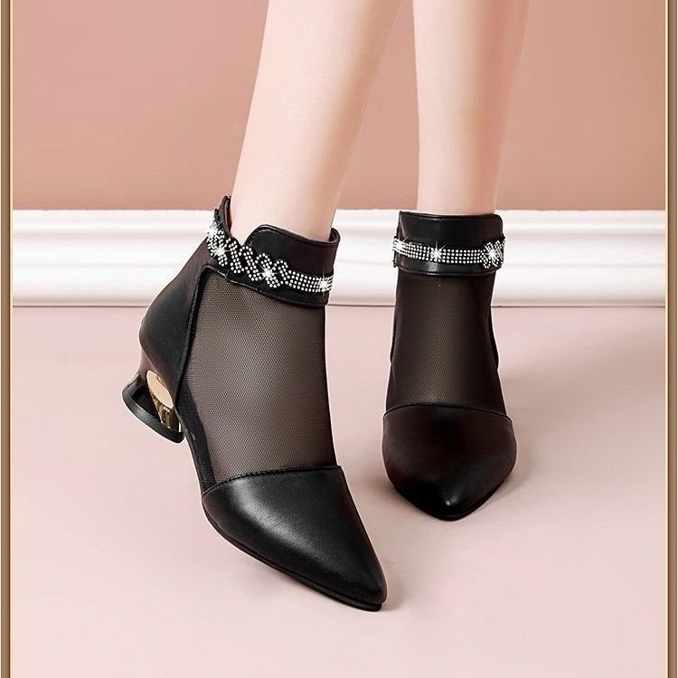 Pointed Toe Mesh Hollow Breathable Black With Medium Heels Women's Sandals Original New Anti Slip Hot Daily Ladies Shoes