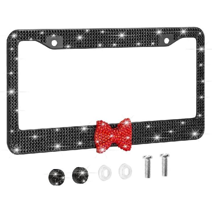 OTOSTAR 1 Pack Bling License Plate Frame with Ribbon Bow, Handcrafted Shiny Rhinestones Premium Stainless Steel 2 Holes License Plate Holder with Black/Red Bowtie
