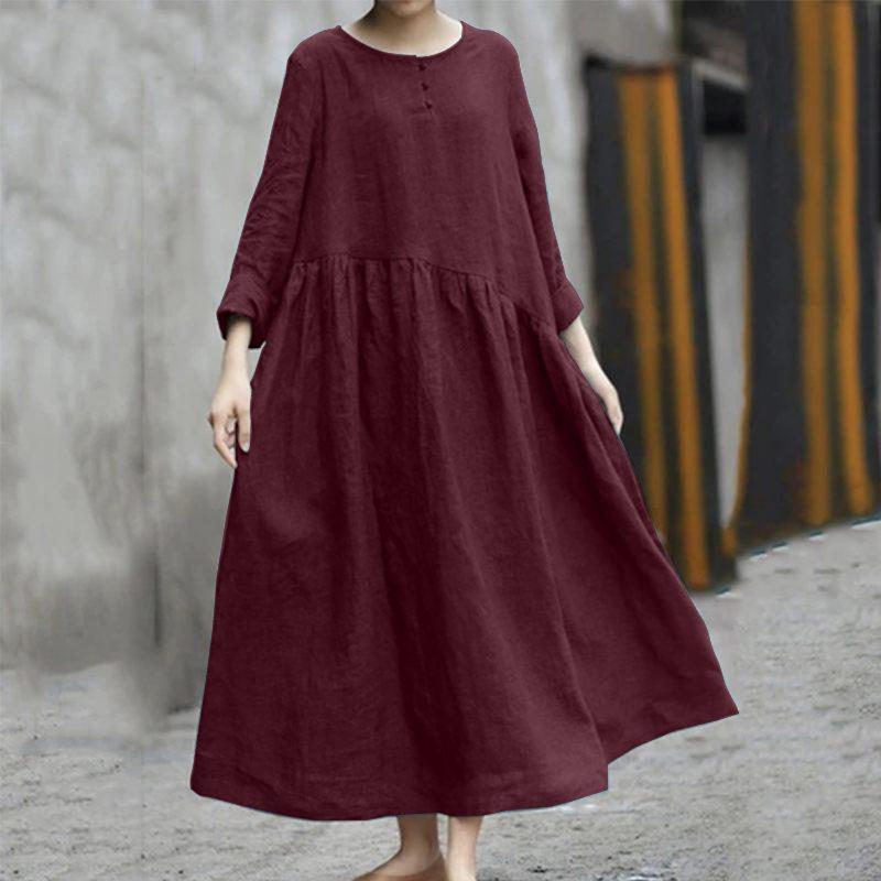 IHUASU Fashion Summer Spring Solid Color Print Long Sleeve O-Neck Casual Dresses