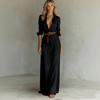 Women's Long Sleeved Color Lapel Button Irregular Pleated Dress With Belt