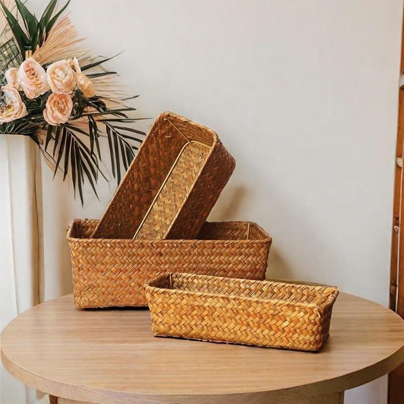 Natural Seagrass Woven Rectangular Storage Basket for Living Room, Tea Sets, Sundries, and Cosmetics