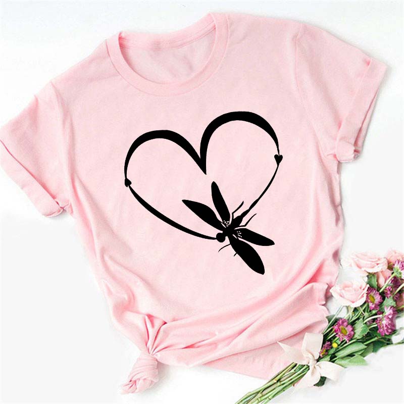 New Love Heart Dragonfly Print Women T-Shirt Fashion Casual Short Sleeves Ladies O-Collar T Shirts Streetwear Graphic Print Tops