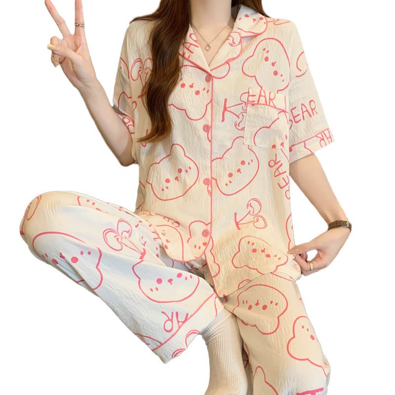 Cartoon Girl Pink Bear Printed Cloud Cotton Pajamas Women'S Summer Short-Sleeved Trousers Casual Loungewear