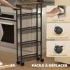 Metal Storage Trolley, 5-Tier, 4 Mesh Baskets, Handle, Wood-Effect Top, 47 x 13 x 96.5 cm, Black