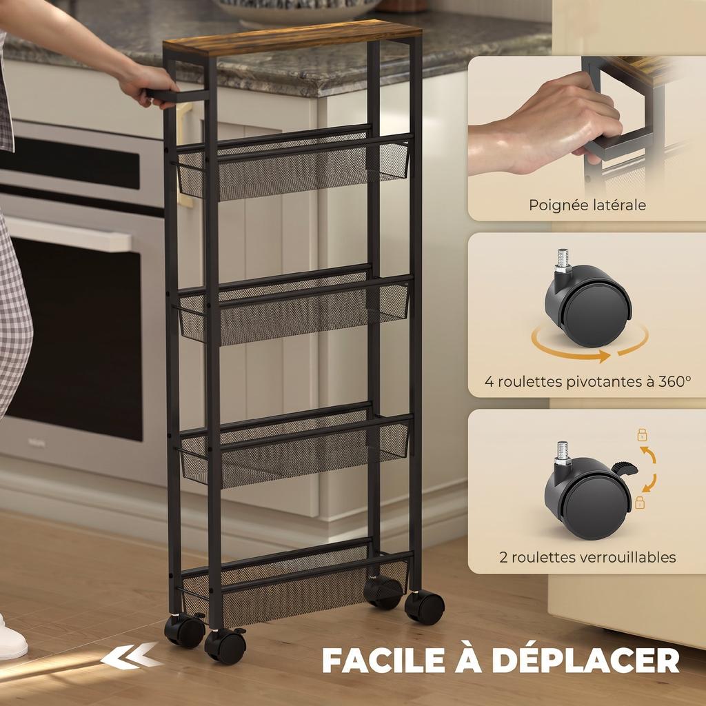 Metal Storage Trolley, 5-Tier, 4 Mesh Baskets, Handle, Wood-Effect Top, 47 x 13 x 96.5 cm, Black