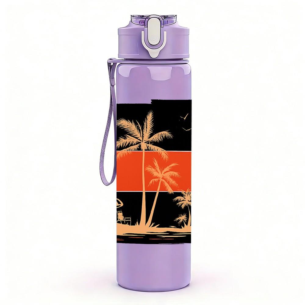 1PC Palm Tree Sunset Brush Stroke Art 750ml Color Plastic Sports Water Bottle Leakproof Flip Straw Lid Suitable for Sports Office Home Use