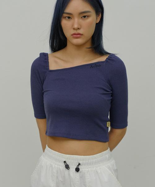 Acho Diagonal Neckline Crop Short Sleeve T-Shirt_Navy Navy/M