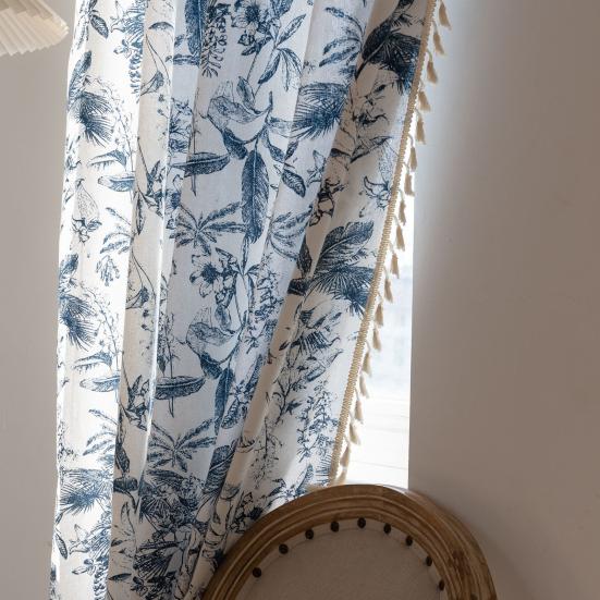 Panou Curtain Boho cu Imprimeu Floral și Margine cu Ciucuri Buzunar pentru Baghetă Draperie Filtrantă pentru Lumină pentru Decor Fereastră Living Dormitor Casă la Țară
