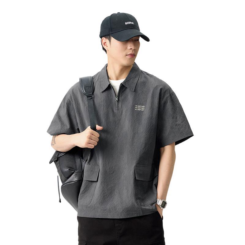 Summer Retro Ice Silk Bubble Textured Pattern Shirt Lapel Loose Casual Short-sleeved Shirt