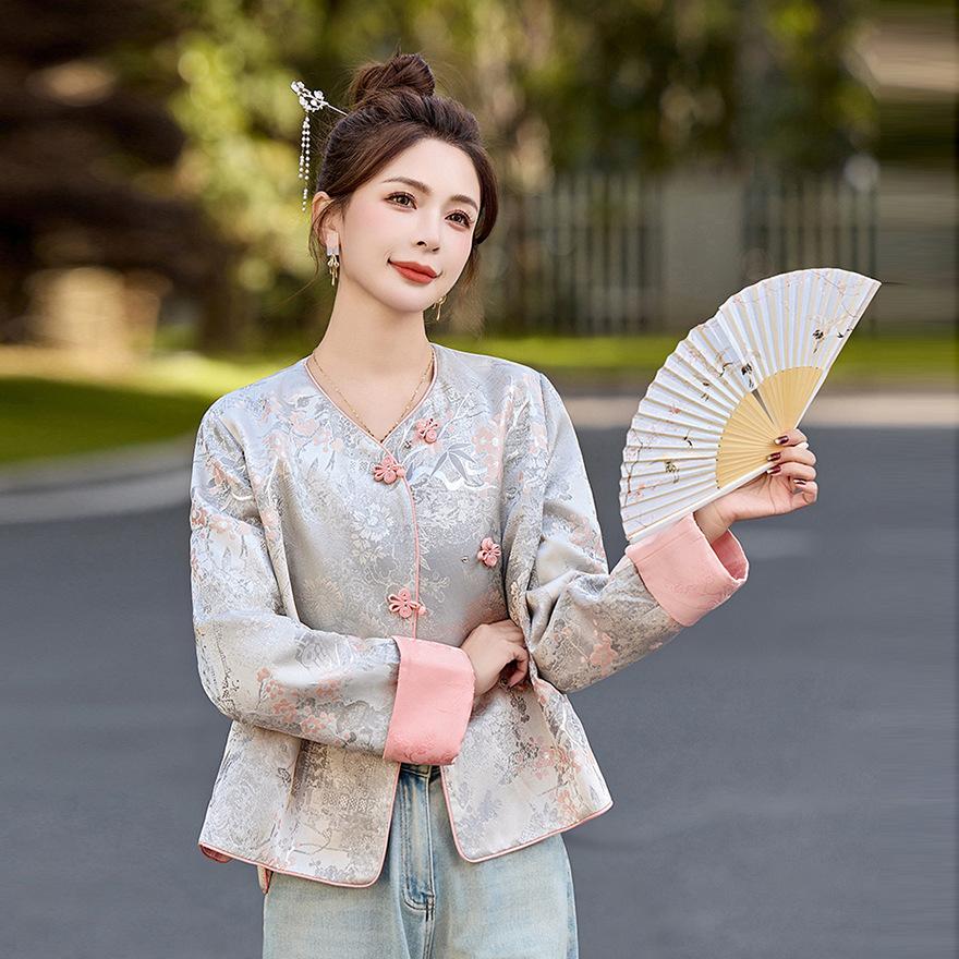 

Весна и Осень Новая Улучшенная Легкая Брокадовая Куртка Легкий Жаккардовый Топ Скинни на Пуговицах XL