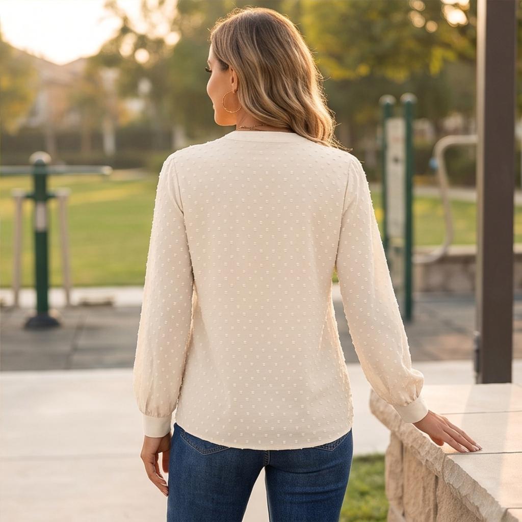 Women's Casual Long Sleeve V-Neck Blouse with Lace Trim, Color