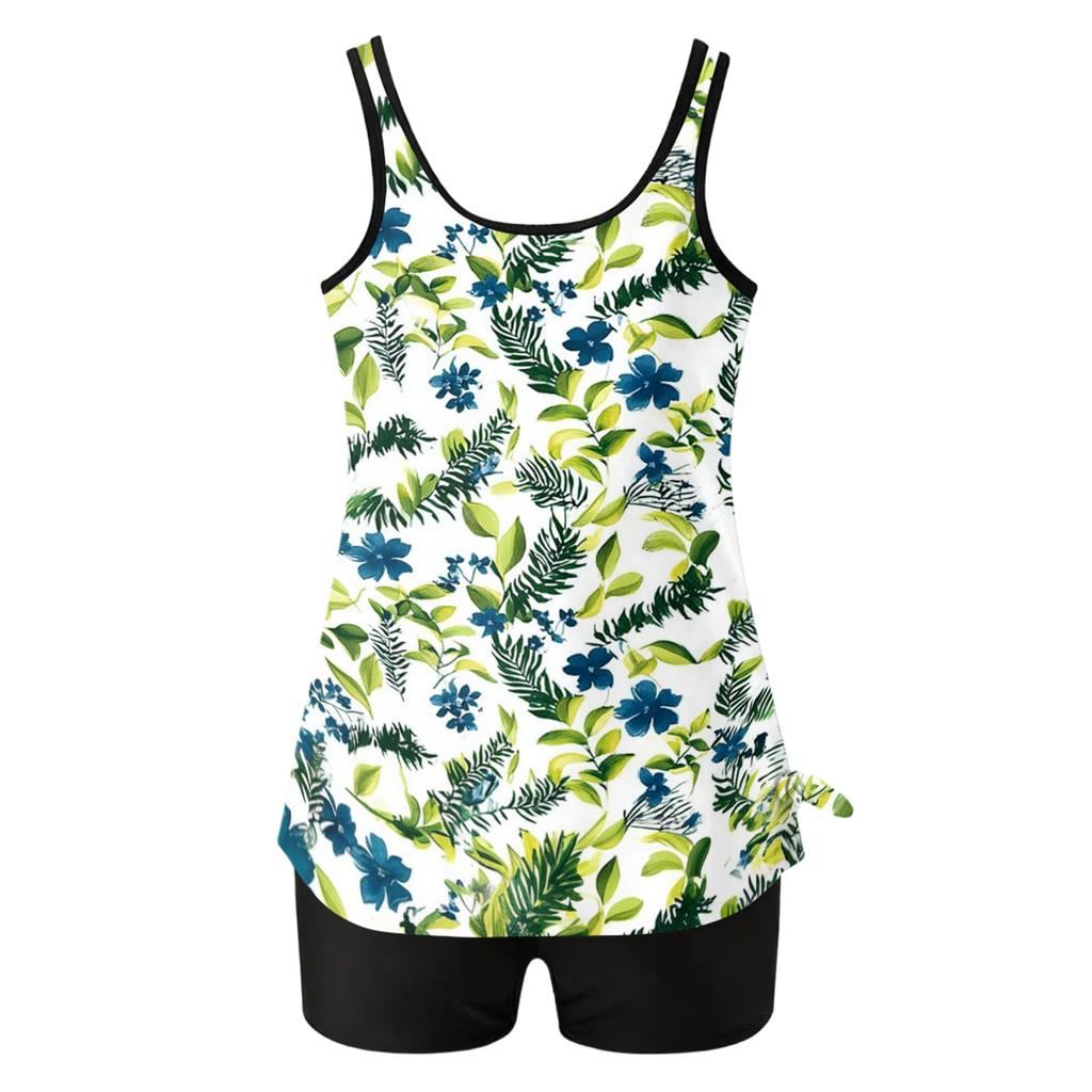 Women’s Two Piece Tankini Set with Floral Print Sleeveless Top and Solid Shorts for Beach Pool Swimwear