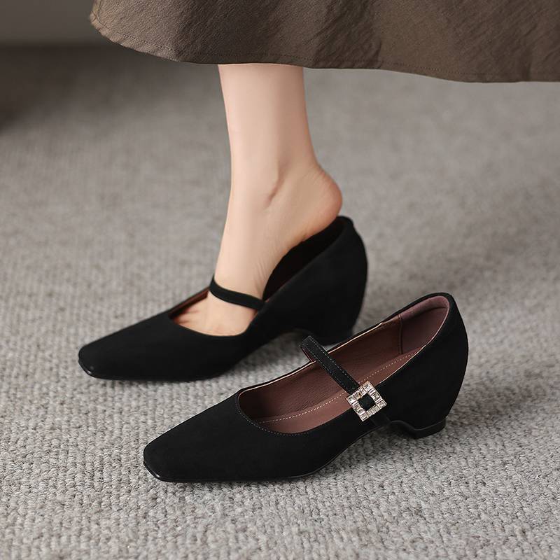 Krazing Pot Sheep Suede Square Toe Med Heels Summer Shoes Big Size 42 Crystal Buckle Women Shallow Pumps
