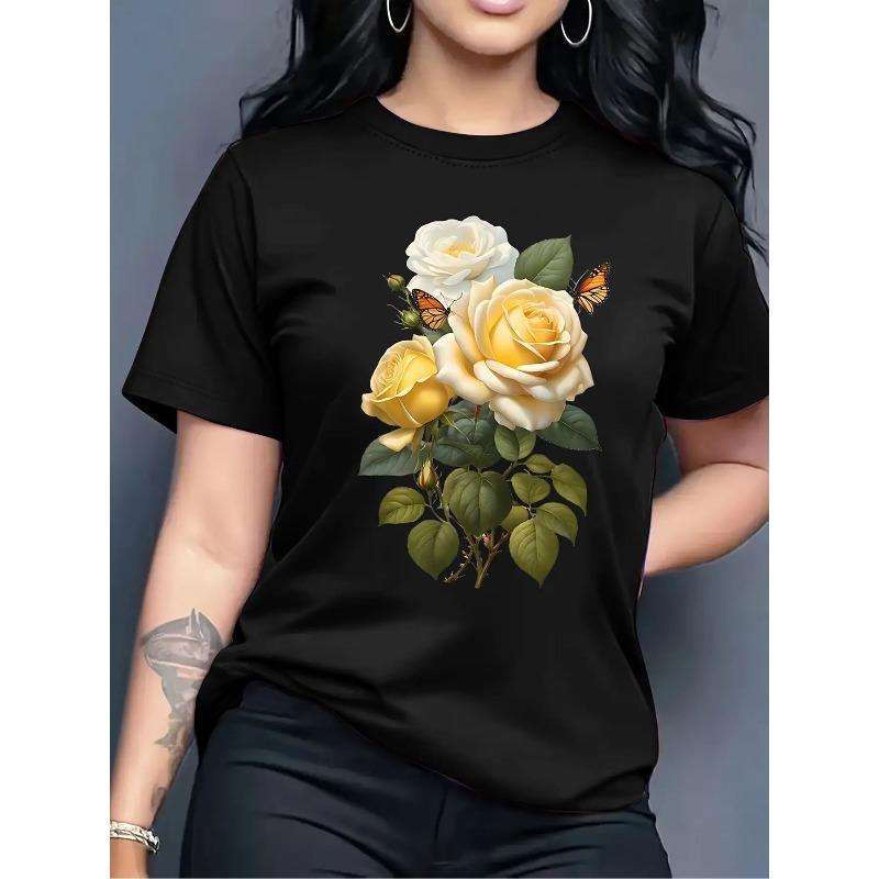 

European sizes Women S Oversized Yellow Rose & Butterfly Print T-Shirt -Short Sleeve Round Neck Casual Top with Roses & Green Foliage 4XL чорний