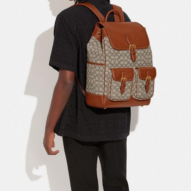 New COACH Frankie Fabric With Cow Leather Drawstring Bag Backpack Tubas Men's Gray & Brown CE476-COC