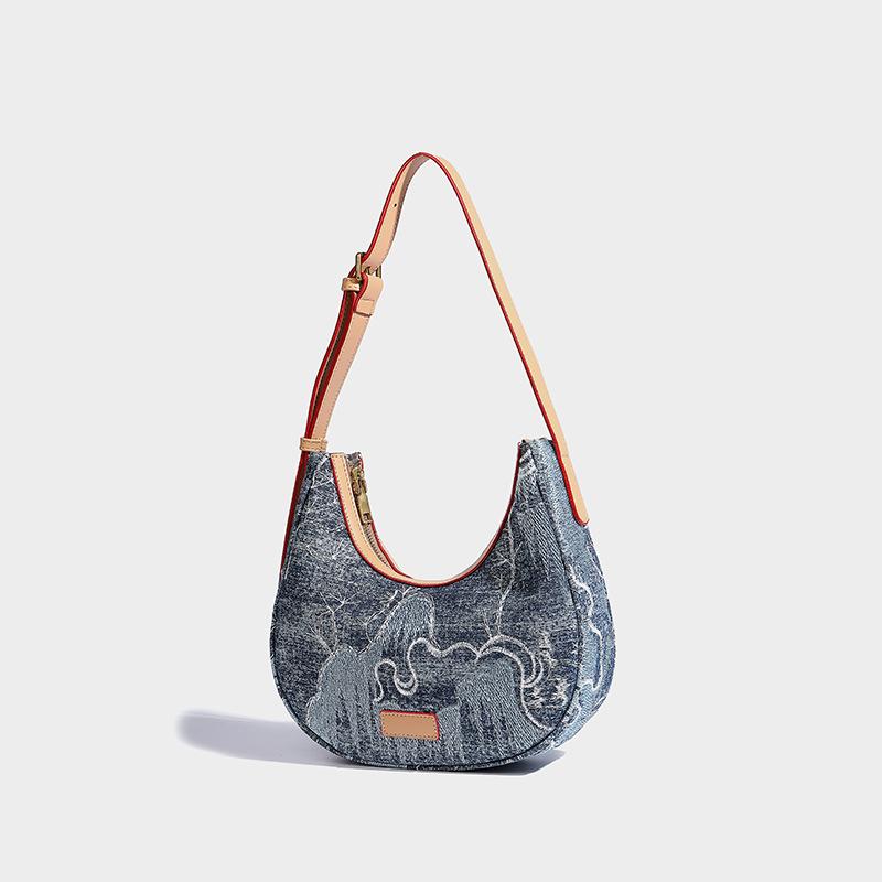 2024 Summer New High-End Niche Single-Shoulder Underarm Bag, Fashionable and Exquisite Embroidered Denim Handbag and Crossbody Bag