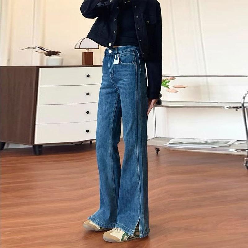 WTEMPO Elastic Slit Micro Flared Jeans for Women Plus Size High Waist Slimming Straight Leg Pants