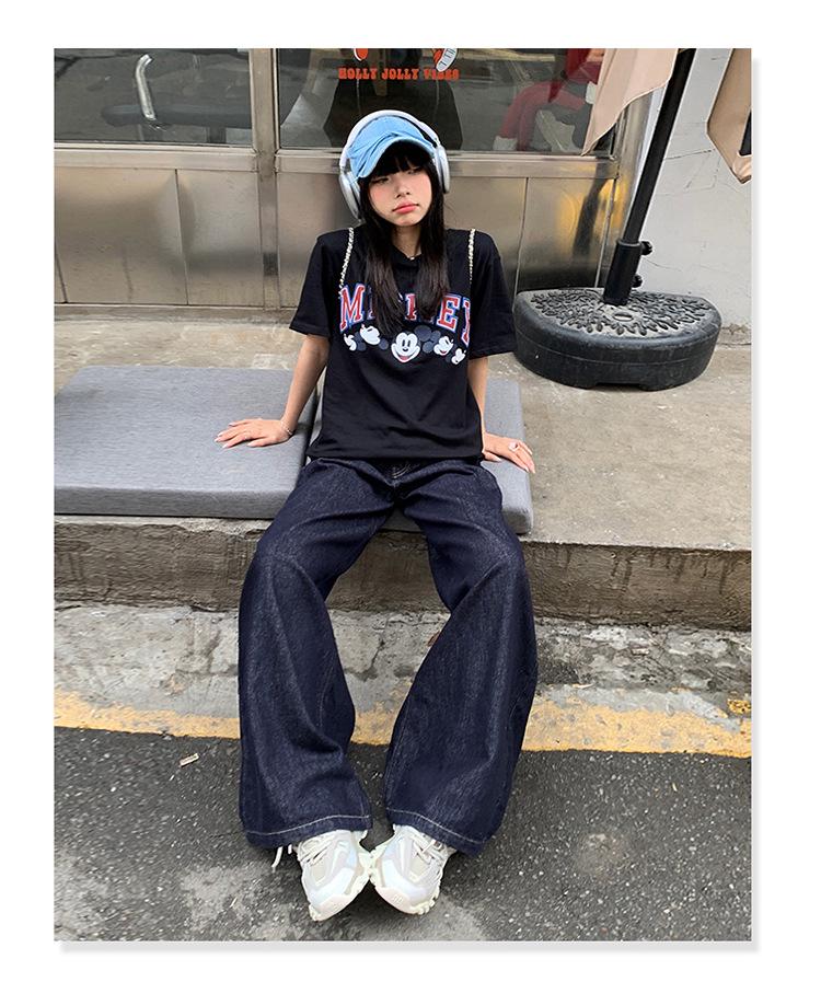 Women's Dark Blue High-Waisted Wide-Leg Jeans - 2025 Spring/Autumn Straight Loose Floor-Length Pants