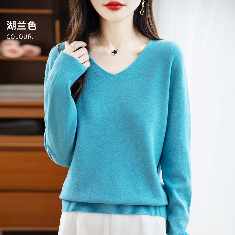 

Жіночий светр з V-подібним вирізом Qinghe кашемір 30% кашемір 70% вовна осінньо-зимова мода теплий універсальний XXL колір морської хвилі