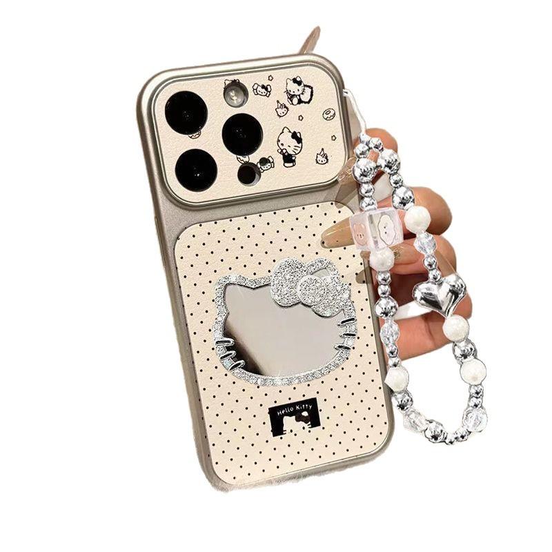 Lambskin Polka Dot Kt Cat Apple 17promax Mobile Phone Case iPhone16 All-inclusive 15pro Large Window Mirror