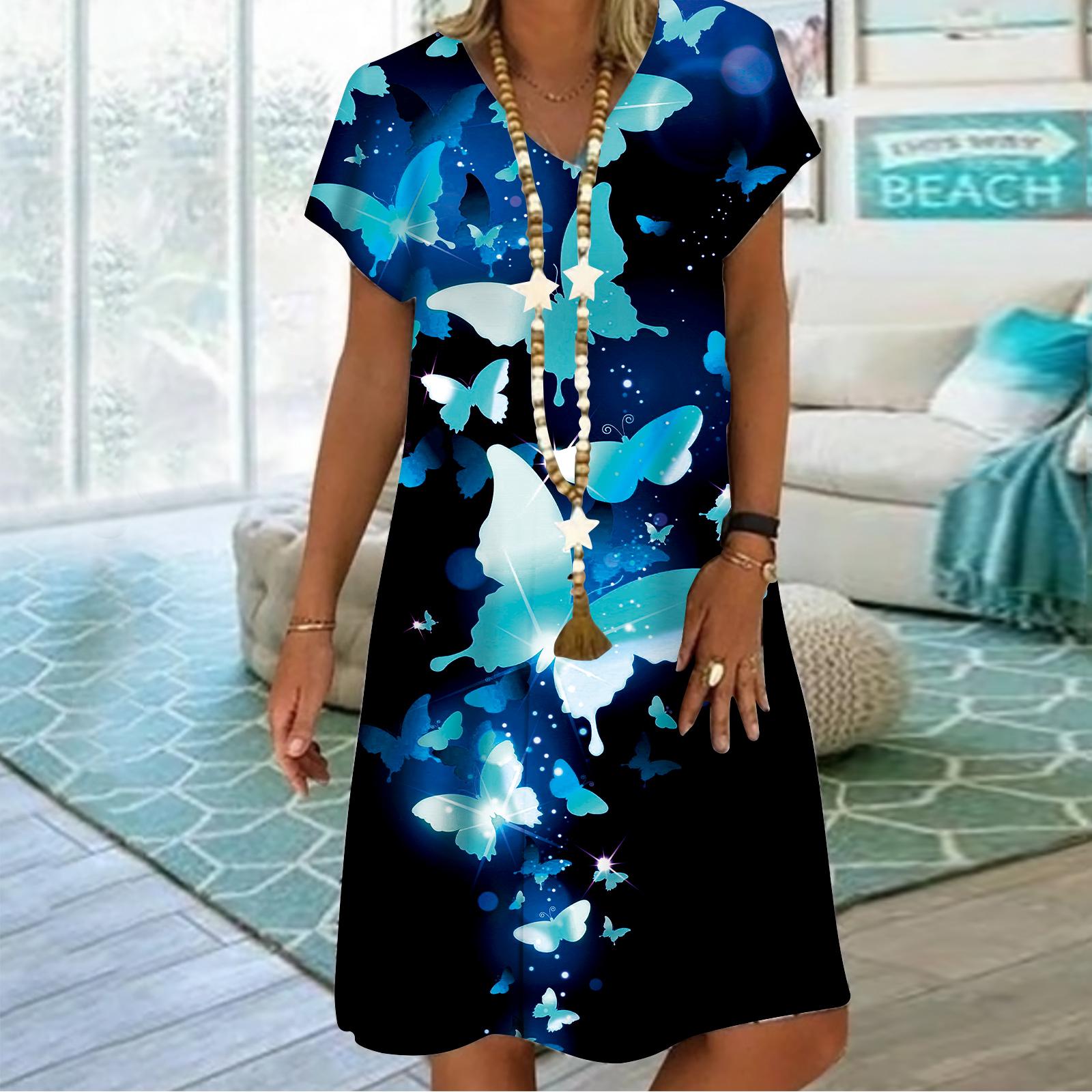 

Летнее модное платье с v-образным вырезом, женское платье с коротким рукавом и принтом бабочки и луны, свободное повседневное платье для женщин M светло-синий