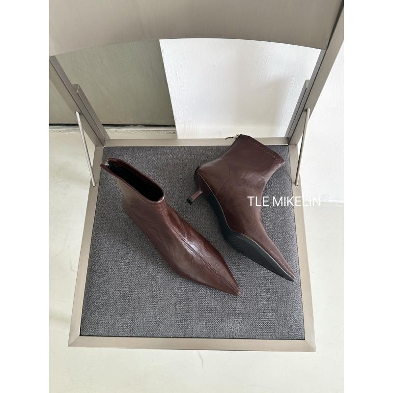 

French thin heel pointed short boots women s 2025 autumn and winter zipper thin boots temperament fashion boots 39 коричневый