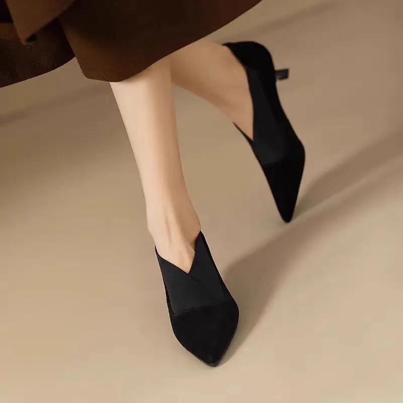 Francouzské retro špičaté krátké boty na tenkém podpatku s kotníčkovými botami Kitten Heels v kombinaci s elastickými vysokými podpatky hlubokého střihu pro ženy