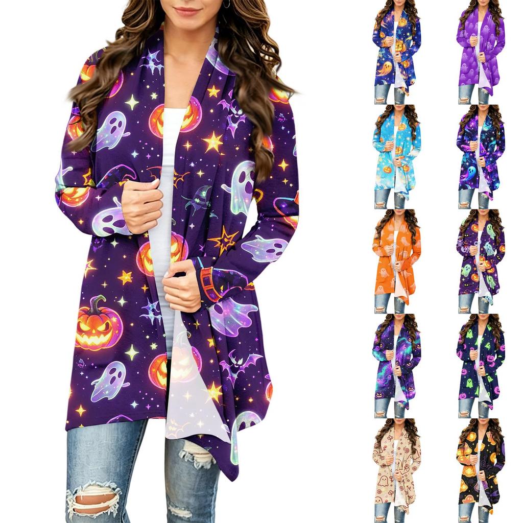 Damen Trendy Halloween-Print Langarm-Strickjacke Pullover für Lässige Herbstmode