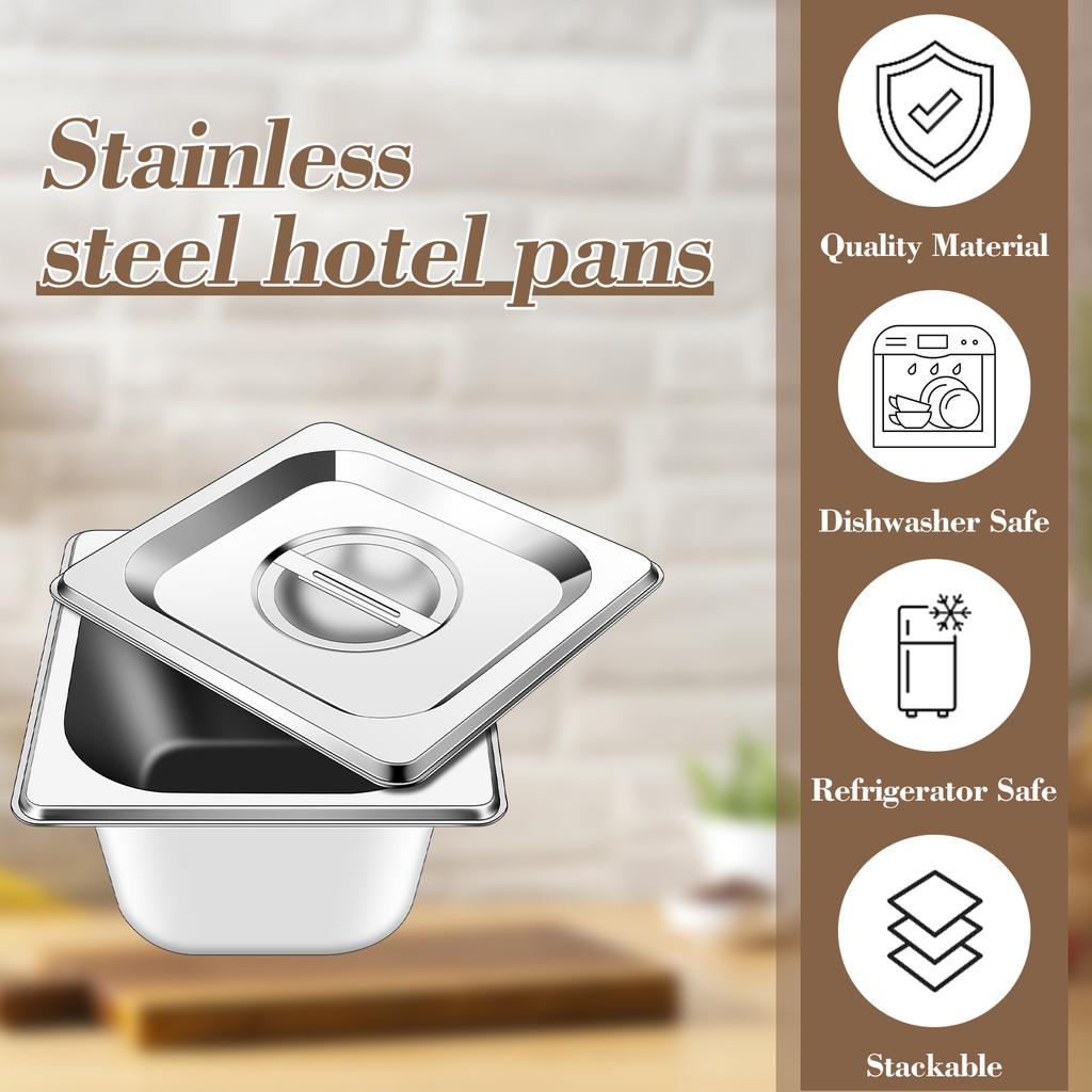 12 Set 1/6 Size Stainless Steel Hotel Pans With Lids 4" Deep Steam Table Pan Food Pan Lid With Handled Catering Food Storage Met
