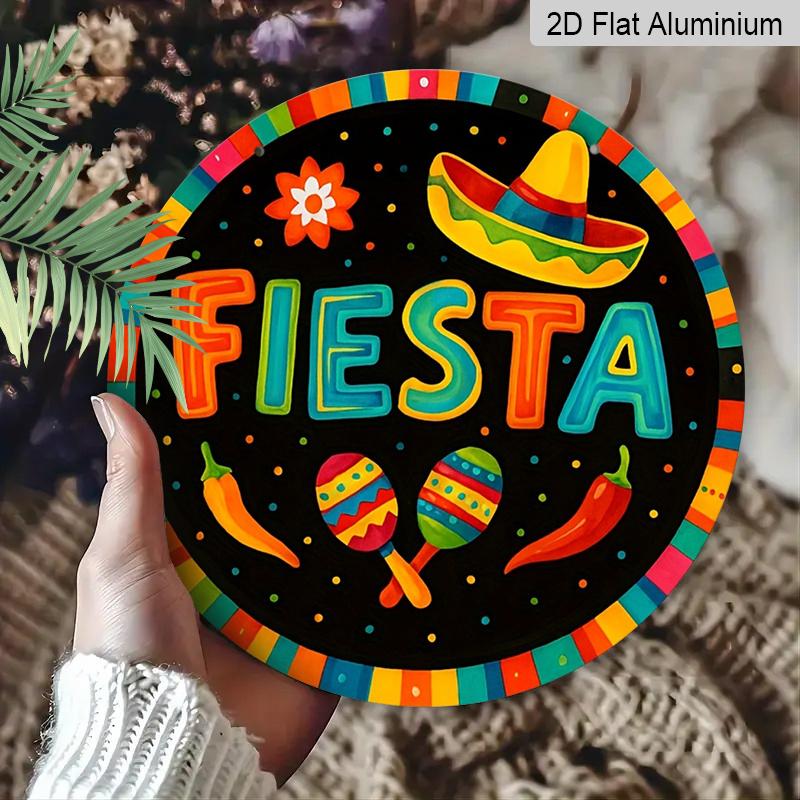 2D Flat, 1pc Round Fiesta Aluminum Hanging Sign, Colorful Mexican Sombrero Maraca Chili Pepper Design, Vibrant Cinco De Mayo Metal Wall Decor